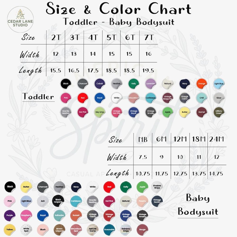 Puede incluir: Tabla de tallas y colores para bodies de beb&eacute; y ni&ntilde;o peque&ntilde;o. Incluye tallas 2T a 7T para ni&ntilde;os peque&ntilde;os y NB a 24M para beb&eacute;s. Presenta una variedad de colores y medidas en cm.