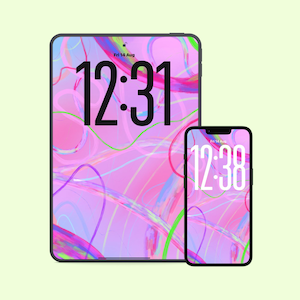 May include: A tablet and a smartphone displaying a pink background with abstract colorful swirls. The tablet shows the time 12:31 and date Fri 14 Aug in black text. The smartphone shows the time 12:38 and date Fri 14 Aug in white text.
