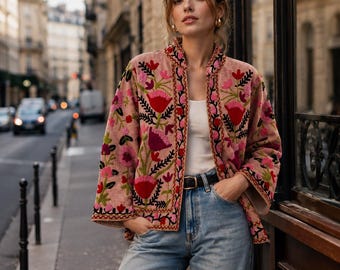 Elegante handgemachte Baumwolle Suzani bestickte Jacke: Boho Kimono Mantel
