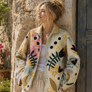 Könnte beinhalten: Eine gesteppte Reißverschlussjacke mit cremefarbener Basis und einem mehrfarbigen abstrakten Muster aus rosa, gelben und grünen Blumen- und Blattmotiven, akzentuiert durch dunkelblaue kreisförmige Punkte und Herzformen, über einem schlichten weißen Top.