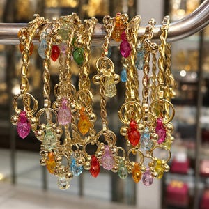 Op de afbeelding: Een verzameling goudkleurige sleutelhangers met kleurrijke, facetgeslepen druppelvormige hangers. Elke sleutelhanger heeft een gouden ketting en een ring, met hangers in verschillende kleuren zoals roze, blauw, groen en oranje.