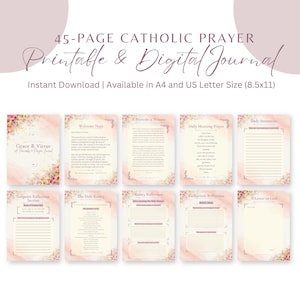 Könnte beinhalten: Ein 45-seitiges katholisches Gebetstagebuch als druckbare und digitale Version mit floralen Akzenten in Rosa- und Cremetönen. Die Seiten enthalten Abschnitte für tägliche Gebetsanliegen, Schriftreflexionen, den Rosenkranz und Briefe an Gott.