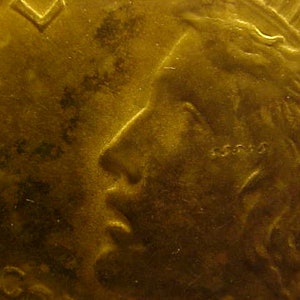 May include: Close-up of a gold coin with a profile of a woman's face. The coin has a raised rim and a smooth surface. The woman's face is partially obscured by the rim of the coin.