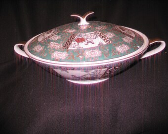 Vintage 60s Enamel Candy Dish: Oriental Birds & Flowers, Gold Trim