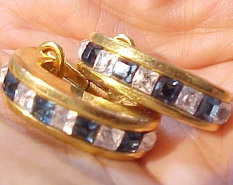 Vintage 80s Gold Plated Earrings with Blue & White Stones