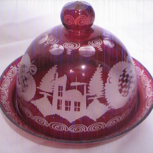 gift Vintage Glass Cheese Dish 7x7x4&quot; vintage 60s  red ruby cranberry cut glass etchings deer , bird , house, etc  plum red cranberry Sale