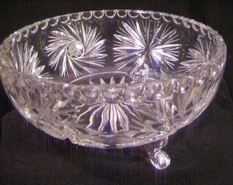 Vintage Crystal Footed Bowl: Heavy Prism Glass, 9" Diameter