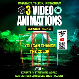 Puede incluir: Gráfico promocional para animaciones de vídeo, con texto que dice "WHATNOT, TIKTOK, INSTAGRAM" y "3 VIDEO ANIMATIONS". La imagen incluye un paquete de bordes con el texto "YOU CAN CHANGE THE COLOR!" y un código QR. El fondo es un paisaje oscuro y verde.
