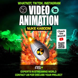 May include: A promotional graphic for video animation services. The image features a stylized cartoon bomb with the text "NUKE KABOOM" and social media platform logos. The background is a dark, dramatic landscape with green and orange hues.