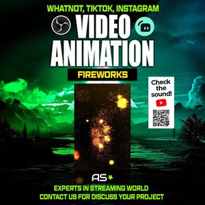 Può includere: Grafica promozionale per servizi di animazione video. L'immagine presenta le parole "VIDEO ANIMATION" e "FIREWORKS" in grande testo bianco. Lo sfondo è un paesaggio scuro e stilizzato con sfumature verdi e blu. Include icone di social media e un codice QR.