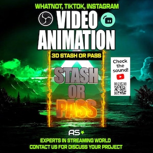 May include: A digital graphic promoting video animation services. The image features text that reads "VIDEO ANIMATION" and "STASH OR PASS" with social media icons. The background is a dark, stylized landscape with green and blue hues.