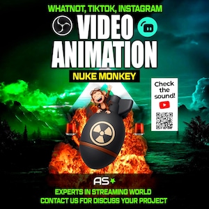 May include: A promotional graphic for video animation services. The image features a cartoon monkey riding a bomb, with the text "VIDEO ANIMATION" and "NUKE MONKEY." Social media platform logos are at the top, and a QR code is on the right.