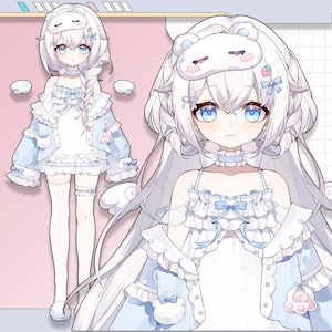 Puede incluir: Ilustración de estilo anime de un personaje con un atuendo blanco y azul claro. El personaje tiene pelo largo blanco, ojos azules y lleva una máscara para dormir con temática de oso. El atuendo incluye un vestido, una chaqueta y accesorios con motivos de nubes y osos.