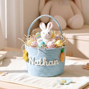 以下が含まれることがあります： ハンドル付きの薄い青色のイースターバスケット。カラフルなイースターエッグ、わら、白いぬいぐるみウサギが入っています。バスケットには白い文字で「Nathan」という名前があり、黄色のウサギとオレンジ色のニンジンで飾られています。