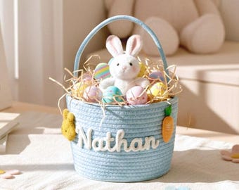 Personalized Easter Cotton Rope Basket for Toddler Boy, Custom Name Easter Egg Hunt Basket, Neutral Baby Gift for Spring