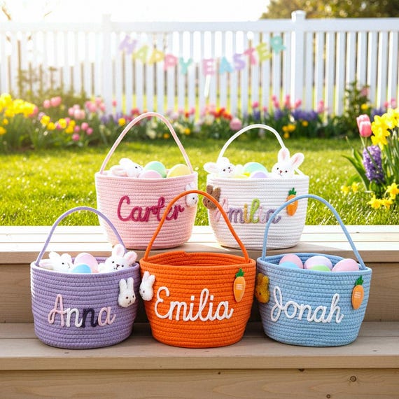 Personalized Baby First Easter Basket, Custom Name Orange Rope Gift Bag, Stuffed Bunny Easter Bucket for Toddlers, Kids Egg Hunt Bag 2026