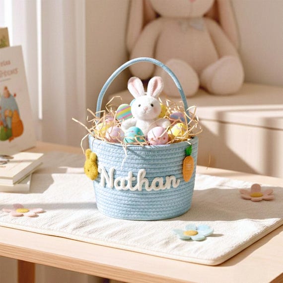 Personalized Easter Cotton Rope Basket for Toddler Boy, Custom Name Easter Egg Hunt Basket, Neutral Baby Gift for Spring