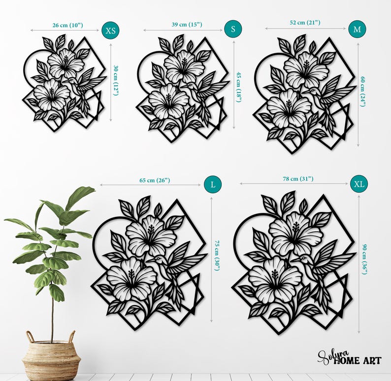 May include: Black metal wall art featuring a floral design with hibiscus flowers and a hummingbird. Available in XS (10" x 12") to XL (31" x 36") sizes. The art includes geometric shapes and the text "Solura HOME ART".