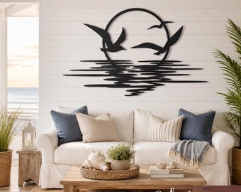 Arte mural metálico con pájaros al atardecer: Decoración de sol y océano