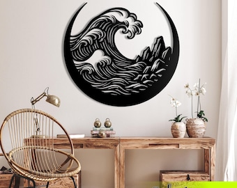 Arte de pared de metal con luna y olas: decoración circular de montaña oceánica, colgante de pared náutico moderno