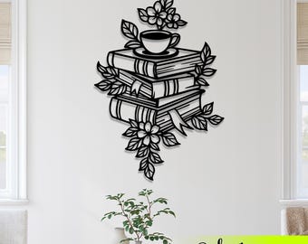 Metal Book Stack Wall Art, Floral Coffee Cup, Library Decor