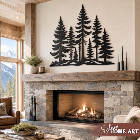 Pine Forest Metal Wall Art, Large Tree Wall Decor, Rustic Nature Decoration