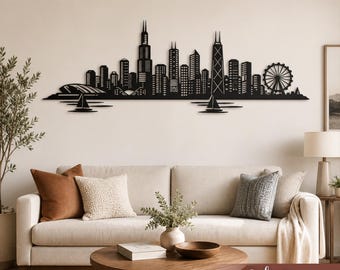 Arte mural metálico grande con el horizonte de Chicago, decoración con silueta de la ciudad