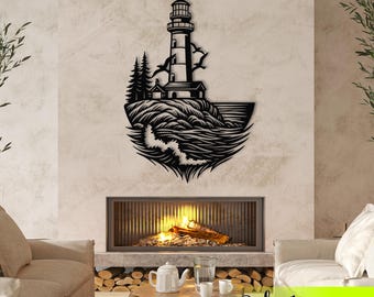 Lighthouse Metal Wall Art: Laser Cut Nautical Coastal Decor, Ocean Wave Decor