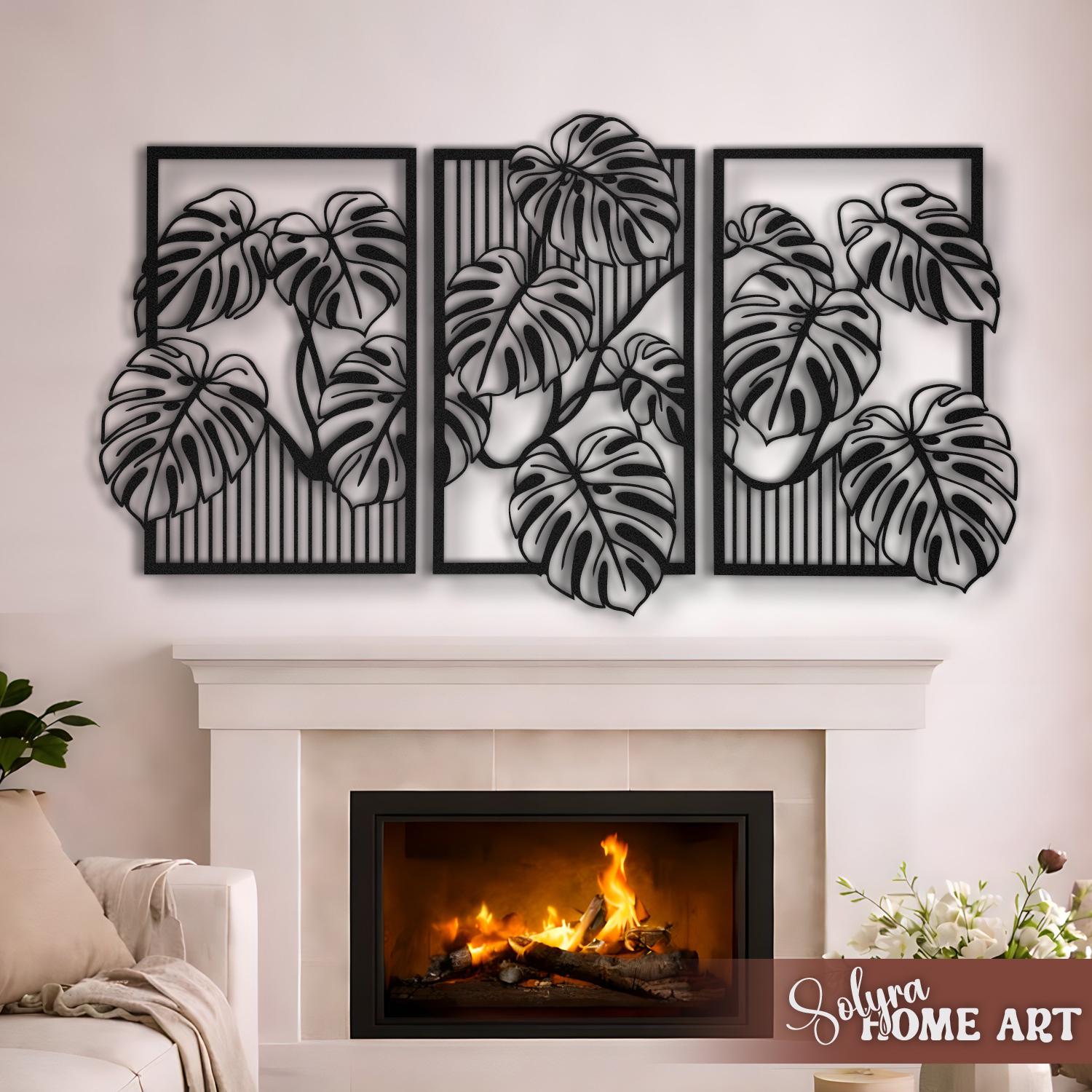 Large Monstera Leaf Metal Wall Art, 3 Panel Botanical Wall Decor