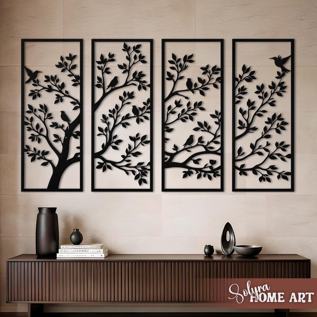 Large Tree Branch Metal Wall Art, Bird Wall Decor, 4 Panel Nature Decor ...