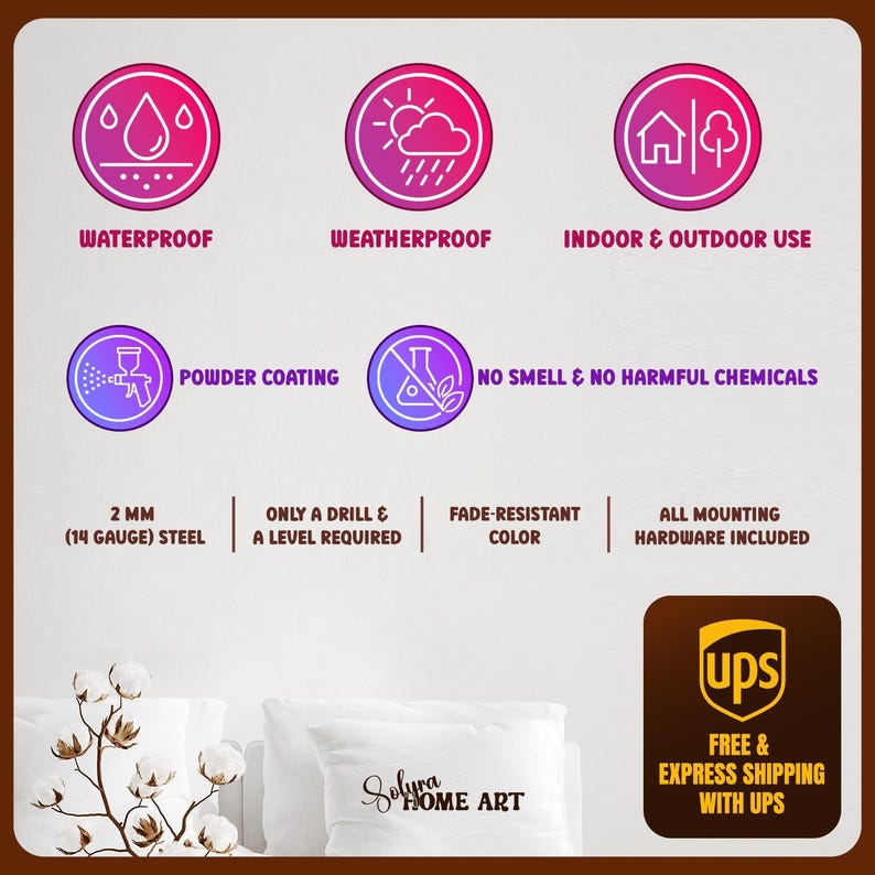May include: A promotional image with text and icons. Features include waterproof, weatherproof, indoor & outdoor use, powder coating, and no harmful chemicals. The product is made of 2 mm (14 gauge) steel and requires only a drill and level. The color is fade-resistant.
