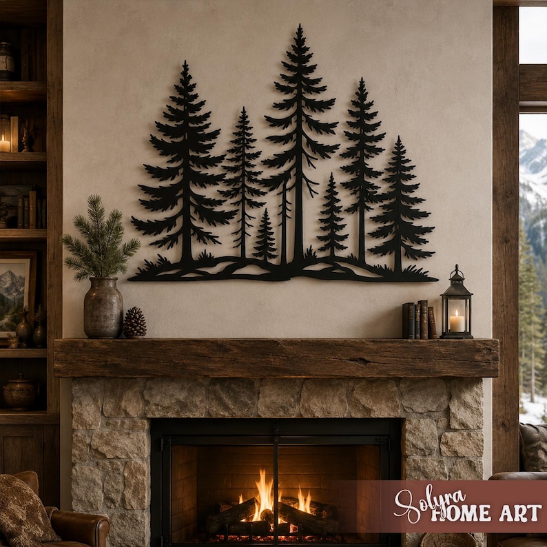 May include: A black metal wall art piece depicting a forest of pine trees. The artwork is mounted on a neutral-colored wall above a fireplace. The scene includes a rustic wooden mantel, a stone fireplace, and decorative items.