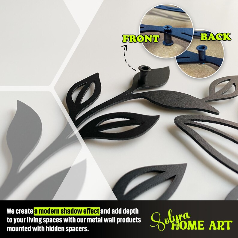 May include: Black metal leaf wall art with a modern shadow effect. The image shows the front and back of the wall art, with hidden spacers for mounting. The text reads: "We create a modern shadow effect and add depth to your living spaces with our metal wall products mounted with hidden spacers."