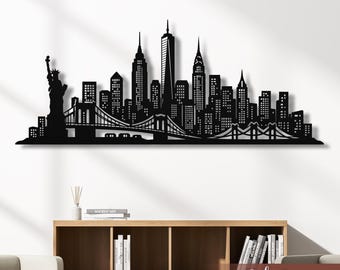 Arte de pared de metal con el horizonte de Nueva York, decoración urbana de la ciudad