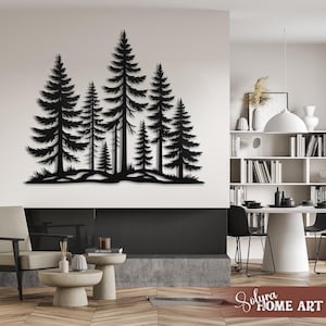 May include: Black metal wall art depicting a forest scene with several fir trees of varying sizes. The trees are silhouetted against a white wall, creating a striking contrast. The artwork is a decorative piece for home decor.
