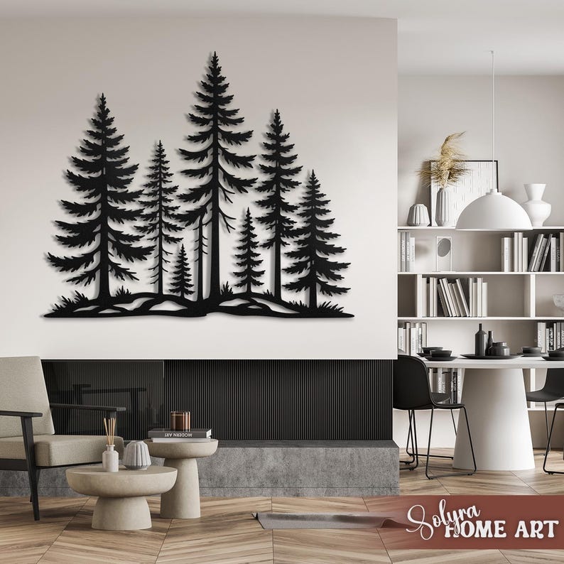 May include: Black metal wall art depicting a forest scene with several fir trees of varying sizes. The trees are silhouetted against a white wall, creating a striking contrast. The artwork is a decorative piece for home decor.