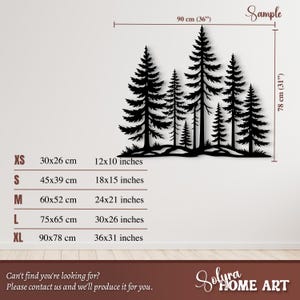 May include: Black metal wall art depicting a forest scene with several pine trees. The artwork measures 36 inches wide and 31 inches tall. Sizes range from 12x10 inches to 36x31 inches. The text at the bottom says, "Can't find you're looking for? Please contact us and we'll produce it for you."