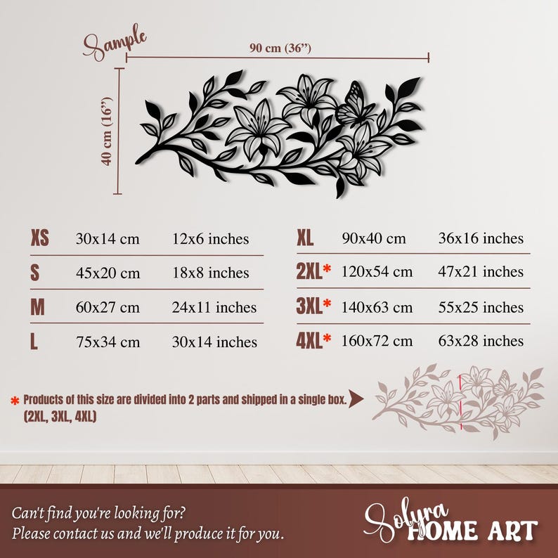 Puede incluir: Arte mural floral de metal negro con lirios y una mariposa. El dise&ntilde;o mide 90 cm de ancho y 40 cm de alto. Disponible en varias tallas, desde XS (30x14 cm) hasta 4XL (160x72 cm).