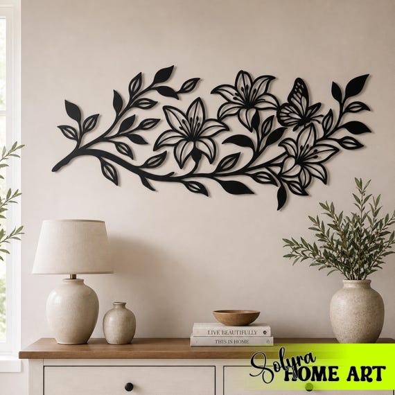 Floral Metal Wall Art: Abstract Butterfly Flower Branch, Laser Cut Decor