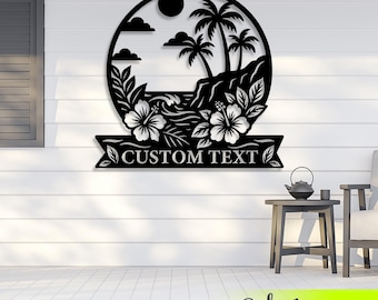Custom Tropical Metal Wall Art, Personalized Beach House Sign, Palm Tree & Hibiscus Steel Decor