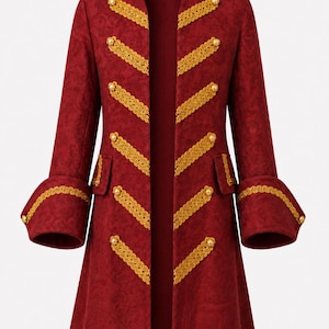 Men’s Red Pirate Captain Frock Coat Gold Trim Renaissance Military Costume Jacket