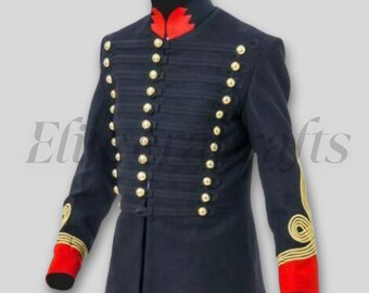 May include: A navy blue military-style jacket with gold buttons and trim. The jacket features a high collar with red accents and red cuffs. Gold embroidery adorns the sleeves, creating a formal and detailed appearance.