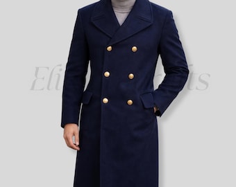 メンズ ネイビーブルー ウール ダブルブレスト オーバーコート – The