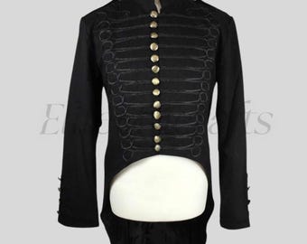 Men’s Gothic Military Tailcoat | Emo Punk MCR Drummer Parade Coat | Steampunk Hussar Band Officer Uniform | Black Victorian Costume Jacket