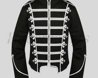 May include: Black jacket with white trim and decorative silver-colored buttons. The jacket features a high collar and a series of horizontal white stripes across the front. The sleeves are long, and the jacket has a tailored fit. A stylish piece of outerwear.