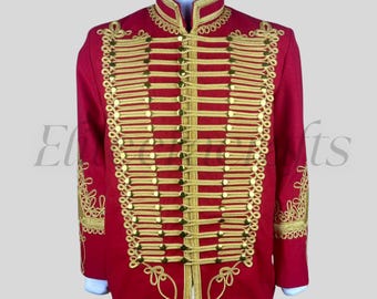 Handmade Red Napoleonic Hussar Military Jacket | Gold Braided Steampunk Dolman Costume Tunic | Historical Reenactment, Cosplay & Parade Coat