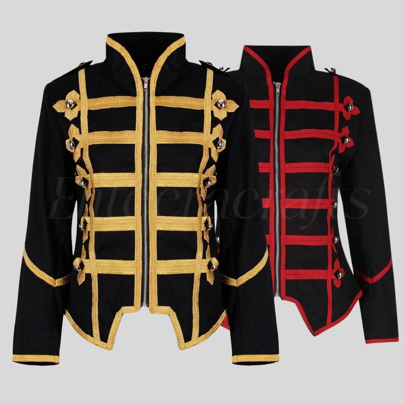 May include: Two military-style jackets. One is black with gold trim and decorative accents, the other is black with red trim. Both have high collars and a zipper closure. The jackets have a tailored fit and are likely made of a durable fabric.