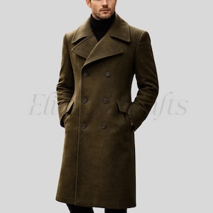 May include: A long, olive green double-breasted coat with a classic design. The coat features a notched lapel, two rows of buttons, and two front pockets. The coat is made of a wool blend and is suitable for cold weather.