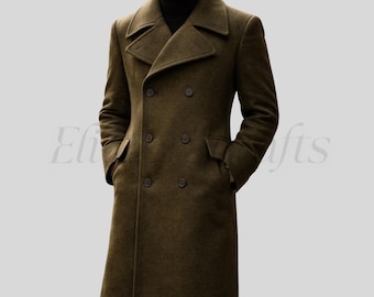 Vintage Double Breasted Wool Coat, Classic Old-era Long Overcoat