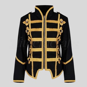 May include: Black jacket with gold trim and accents. The jacket features a high collar, a zipper closure, and decorative gold braid detailing. The design includes gold floral embellishments on the shoulders and decorative buttons.